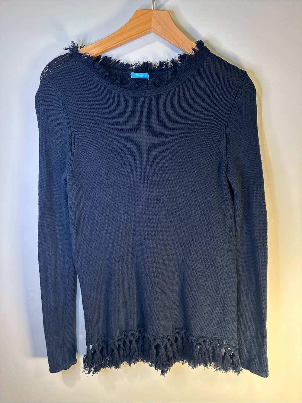 J.McLaughlin Navy Cotton Fringe Tassel Hem Long Sleeve Sweater XS